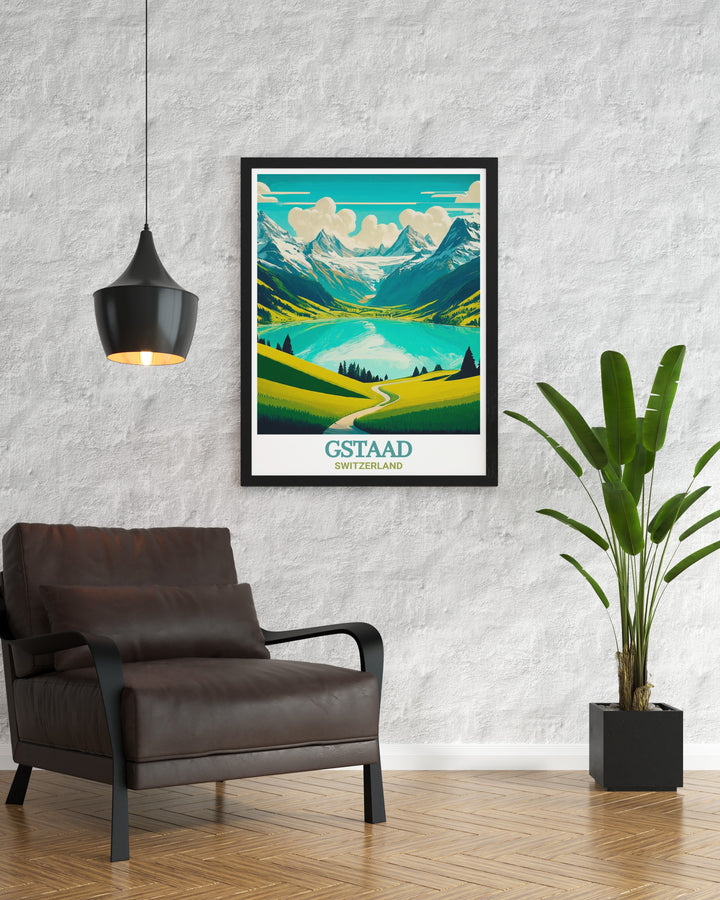 The Lake Lauenen framed art piece highlights the pristine beauty of this Swiss lake, nestled in the heart of the Alps. With its serene waters and stunning backdrop of towering mountains, this framed print is perfect for those who appreciate natures beauty. It adds a touch of Swiss tranquility to your living space, making it a perfect gift for nature lovers.