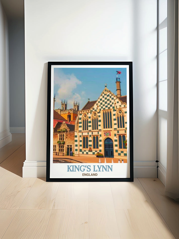 The architectural beauty of Kings Lynns Town Hall is showcased in this canvas art print. The travel poster captures the charm of Englands historic landmarks, making it a great gift for history enthusiasts and art lovers alike.