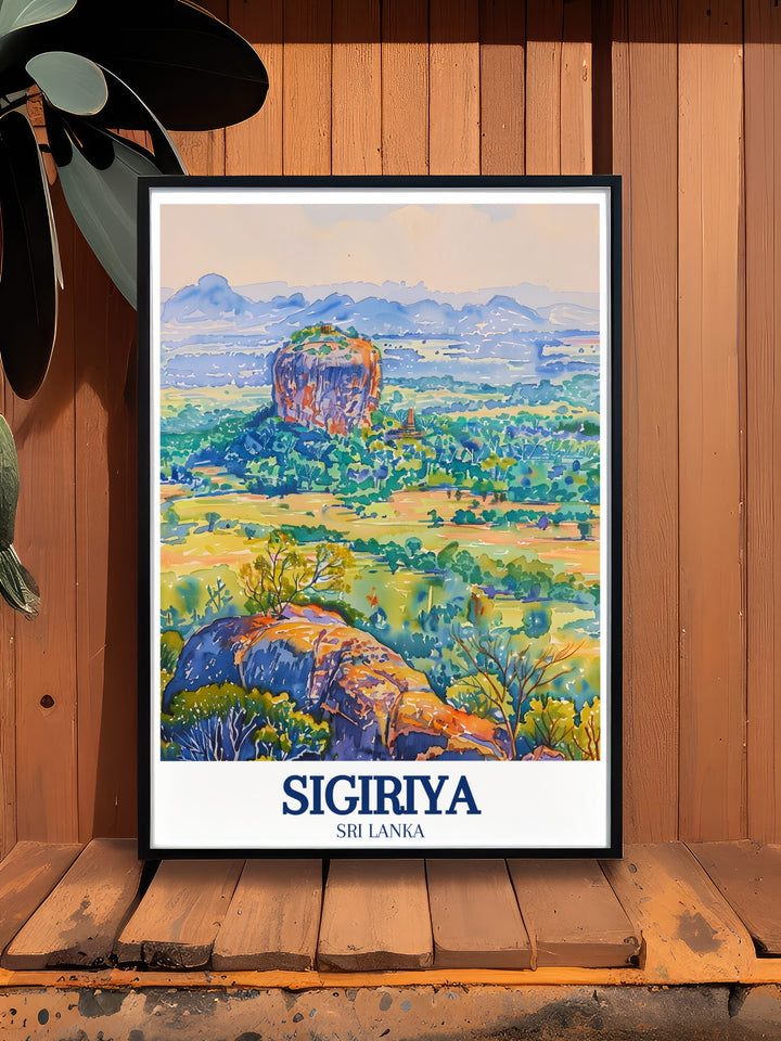 Custom print of Sigiriya, Sri Lanka, featuring the majestic Lions Rock. This detailed artwork captures the fortresss impressive scale and the intricate frescoes that adorn its walls, making it a meaningful addition to your home decor and a thoughtful gift for travel lovers.