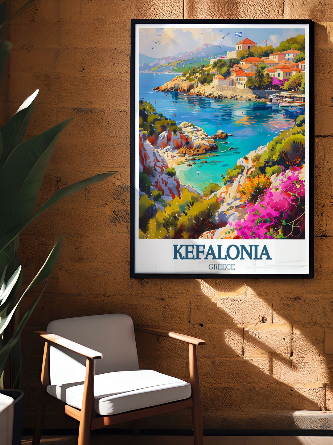 An art print of Assos Village, showcasing the serene atmosphere and picturesque scenery of this coastal settlement. The fine line design emphasizes the villages unique charm and historical significance.