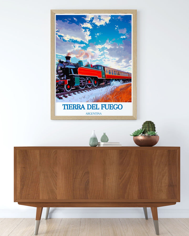 Explore the unique blend of history and natural beauty with this art print of the End of the World Train journey.