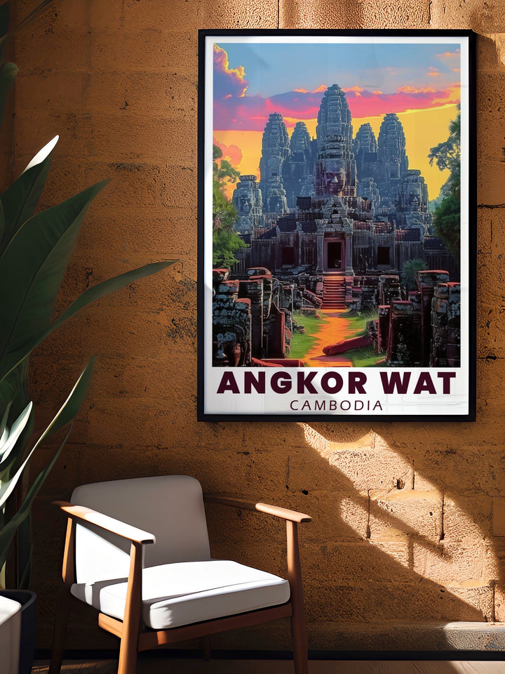 This Angkor Wat and Bayon Temple canvas art is a tribute to the incredible craftsmanship of the Khmer Empire. The posters detailed depiction of the temples architecture is a testament to Cambodias rich cultural legacy, perfect for history lovers and global travelers.