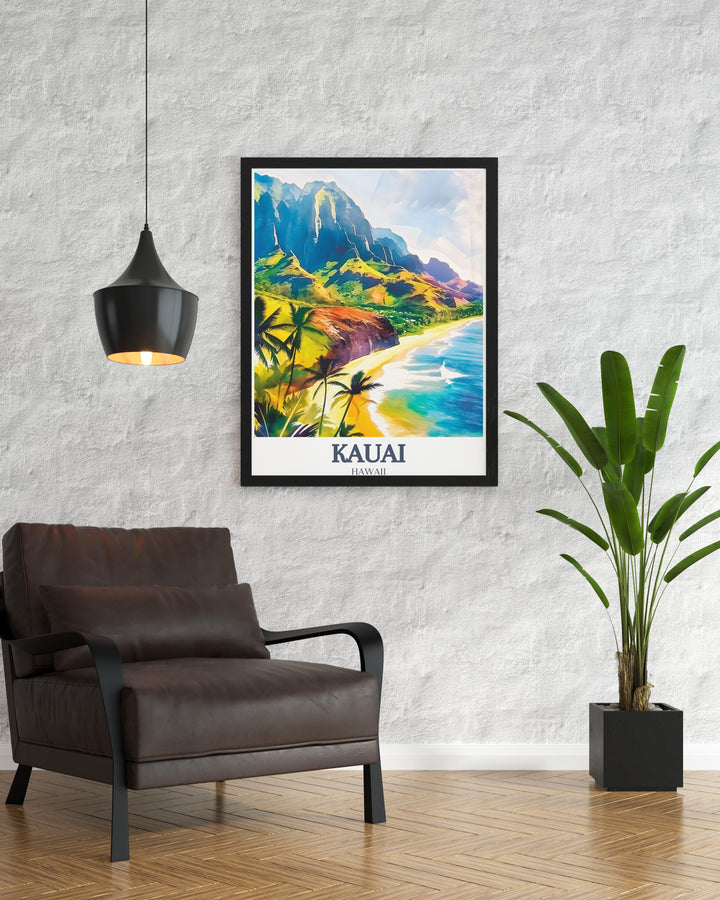 Transform your living room with this Kauai poster showcasing Na Pali Coast and Poipu Beach. The artwork brings the tranquil beauty of Hawaii to your walls with its bold colors and serene landscapes, perfect for gifts or to enhance your home decor.