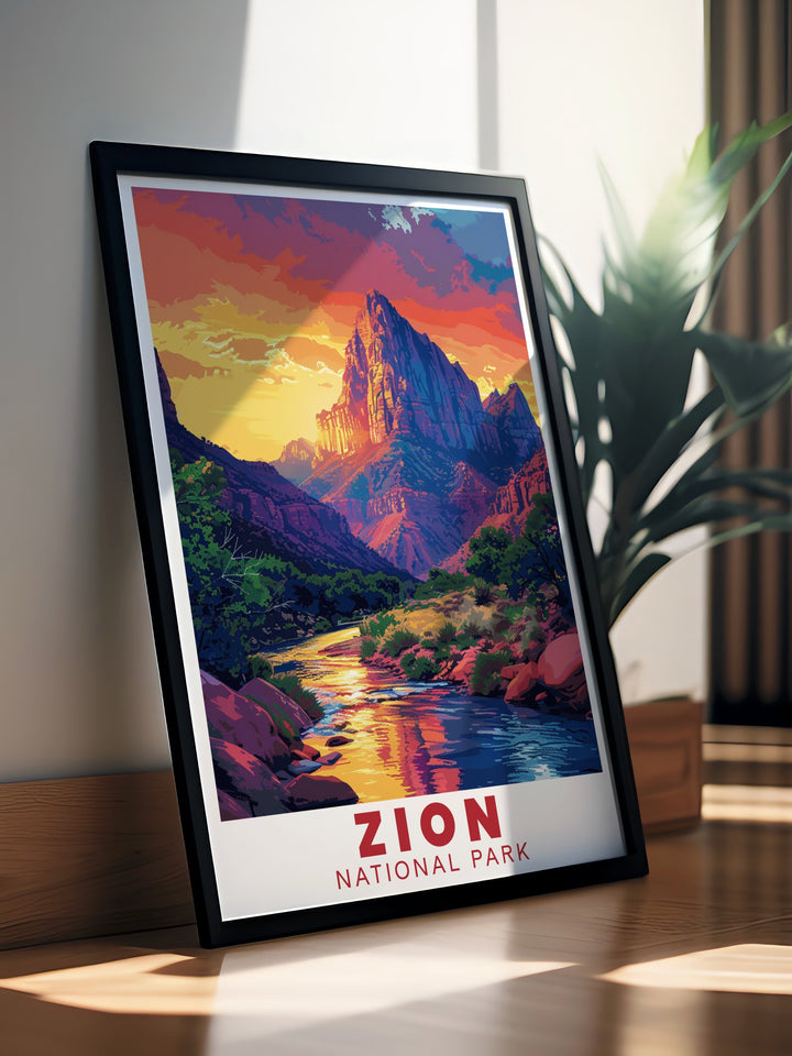 A Zion vintage poster that honors The Watchman while celebrating the parks unique geological features. This travel print serves as a reminder of the extraordinary sights found in this breathtaking area.