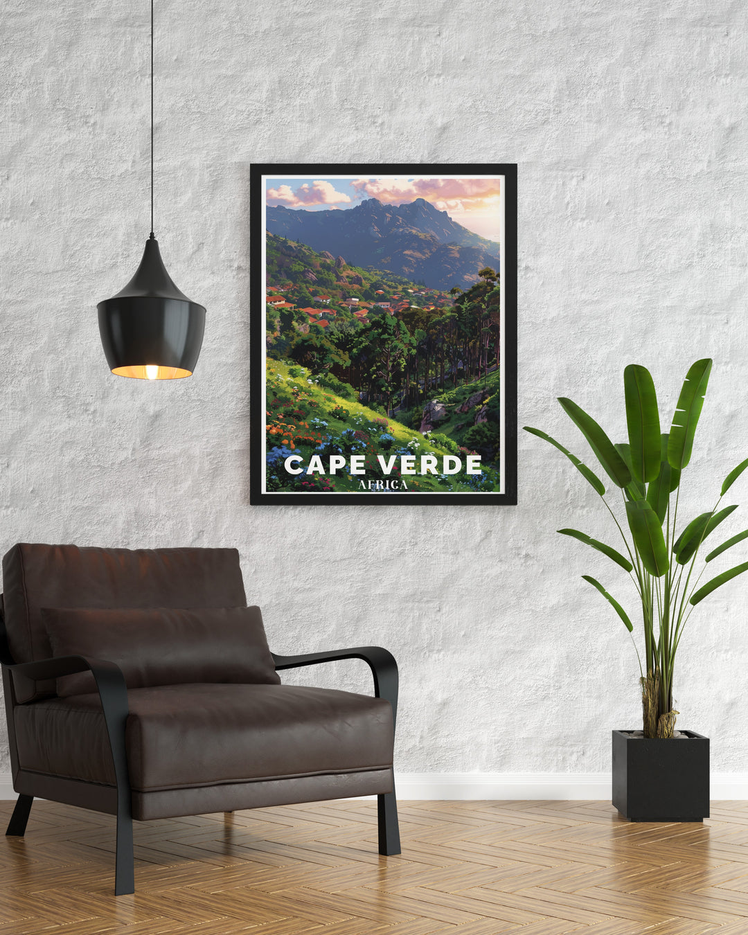 Featuring the towering Mount Verde and the beautiful coastlines of Cape Verde, this travel print offers a breathtaking view of Africas natural beauty. Perfect for home décor, this artwork captures the essence of Cape Verdes unique landscapes and adventurous spirit.