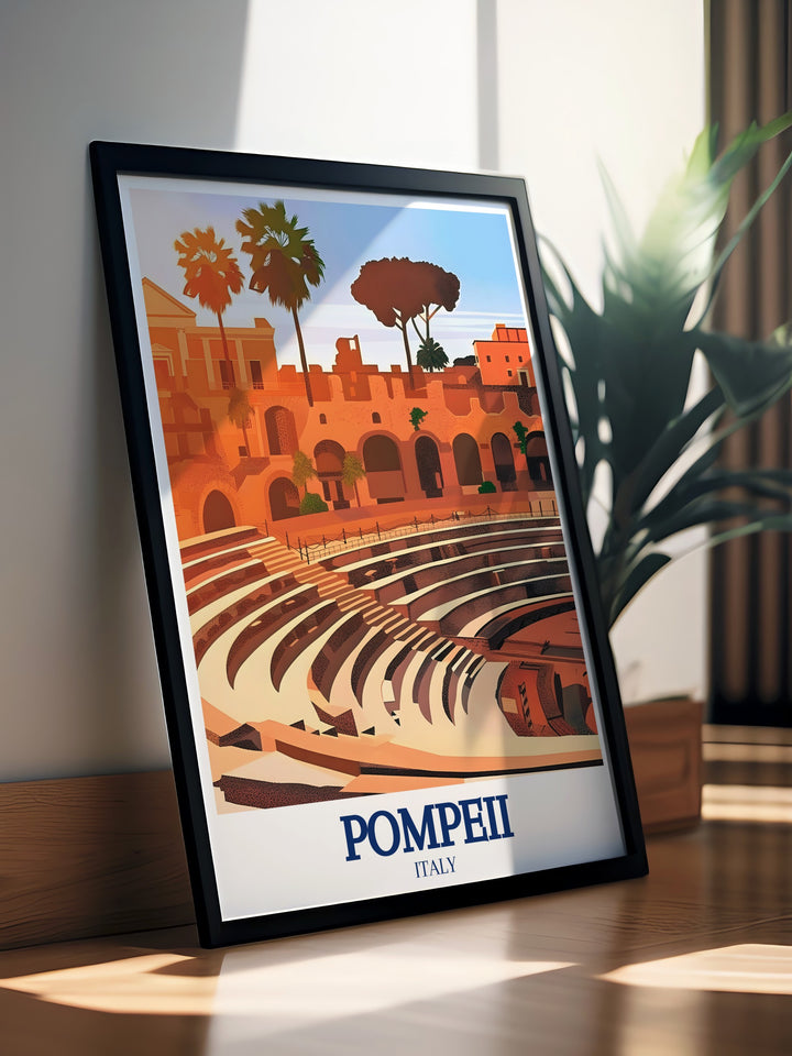 Pompeii wall print featuring the iconic Herculaneum Gate and Amphitheatre, two of the most celebrated landmarks of this ancient city. This travel poster is ideal for adding a touch of Roman history and cultural heritage to your home décor.