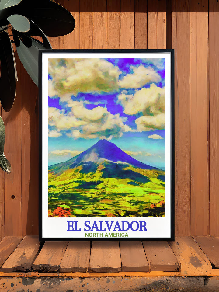 Santa Ana Volcano home decor featuring a vintage print style highlighting the volcanos stunning scenery perfect for those who love El Salvadors natural beauty and cultural heritage a travel poster that adds charm and elegance to any room