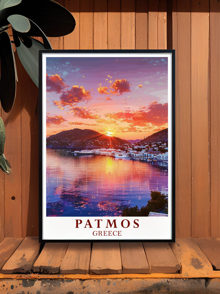 Patmos Greece island print and Skala Harbor stunning prints perfect for those who love Greek culture this artwork brings the peaceful atmosphere of Patmos and Skala Harbor into your home offering a beautiful blend of traditional and modern artistic styles