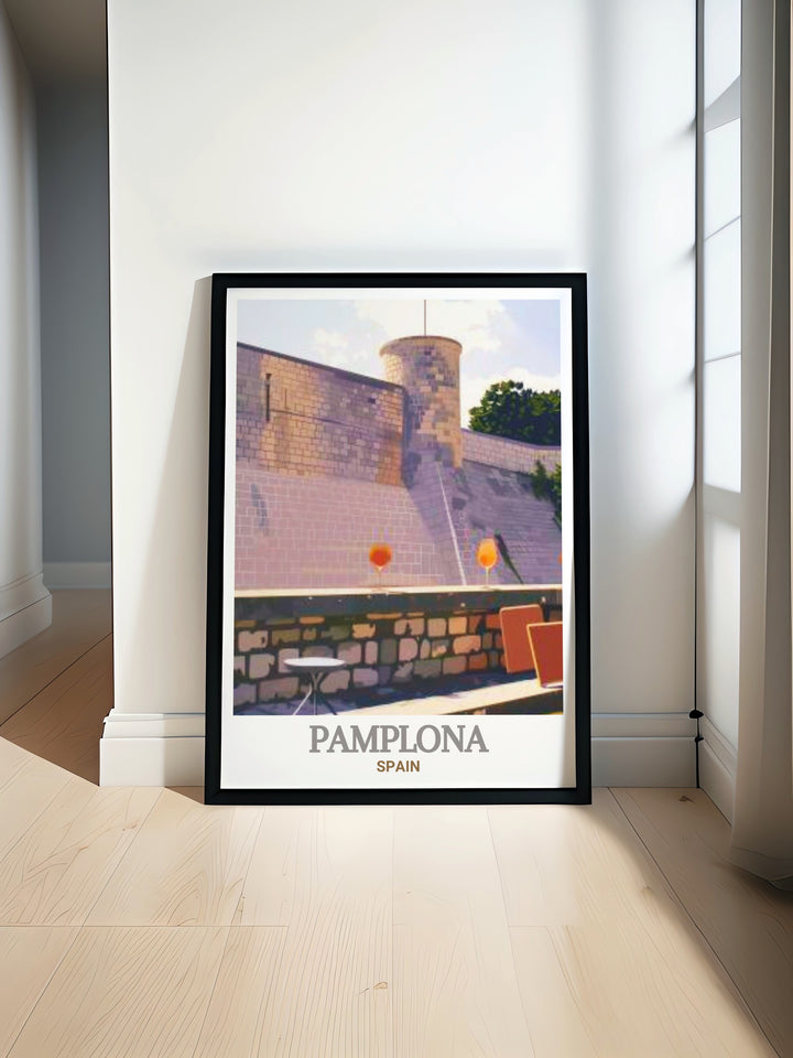 This stunning Pamplona Poster Print features the historic City Walls and Fortifications of Pamplona Spain capturing the architectural grandeur that has endured through centuries perfect for adding a touch of elegance to your Spain wall decor and home space.