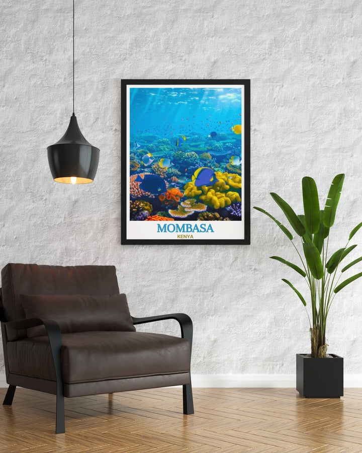 Experience the charm of Kenyas coastline with this Kenya Travel Print, featuring Mombasa Marine National Park. Its a perfect addition to your home decor or a thoughtful gift for a nature enthusiast.