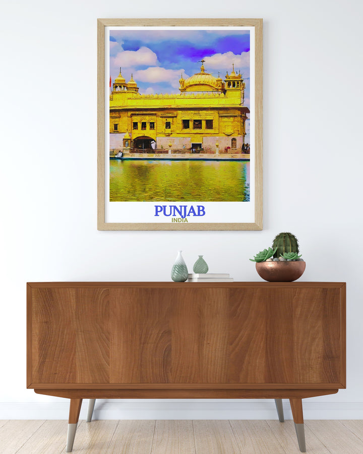 A beautiful travel poster print featuring Punjabs Golden Temple, reflecting its stunning architecture and spiritual significance. This artwork is a great way to bring the serenity of Indias most revered landmark into your home. Perfect for any wall decor or as a thoughtful gift.