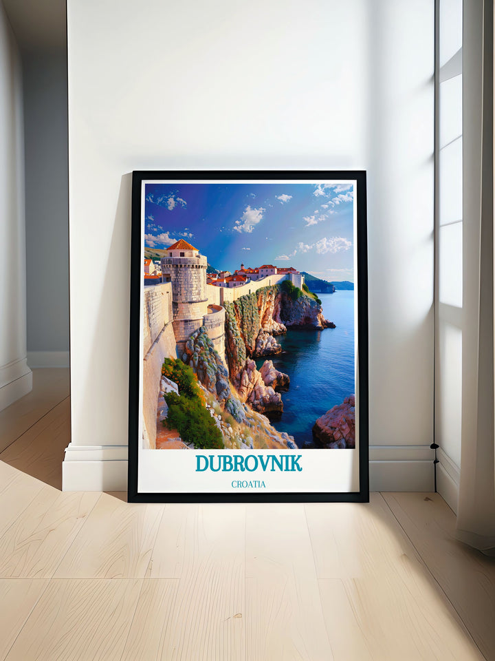 Home decor print illustrating the scenic beauty of Dubrovnik City Walls, highlighting the breathtaking coastal views and historic architecture.