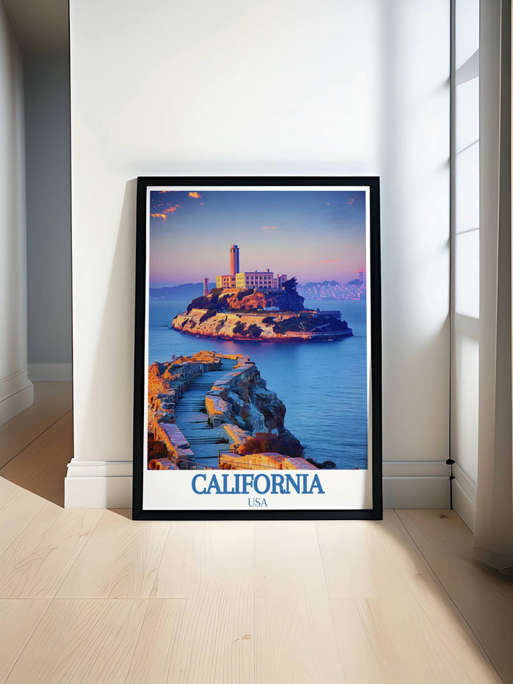 Death Valley poster showcasing California USA landscape with vintage WPA art style featuring Alcatraz Island and stunning desert views perfect for national park enthusiasts and modern decor lovers