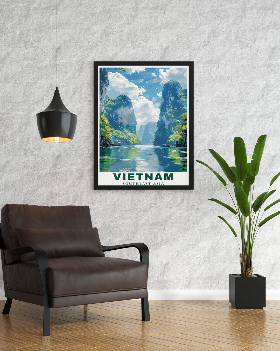 A Vietnam Travel Print that combines the natural splendor of Ha Long Bay with the bustling streets of Hanoi. Perfect for those who love Southeast Asia, this art print is an excellent addition to any room, providing a beautiful reminder of Vietnams diverse landscapes.