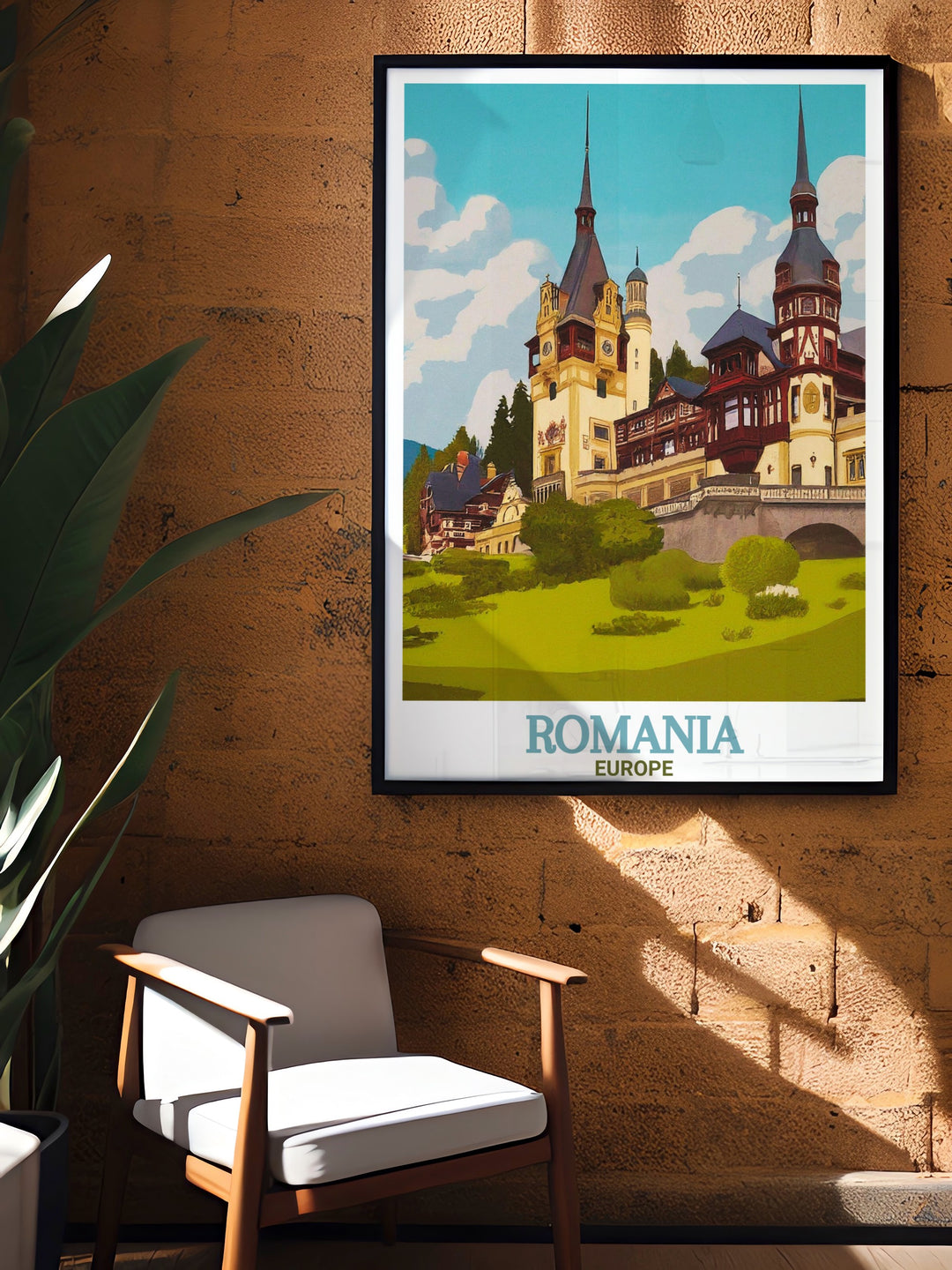 A classic framed art print of Peleș Castle, Romania, illustrating its royal heritage and detailed craftsmanship. This vintage travel poster is perfect for history buffs and anyone looking to add European flair to their home or office decor.