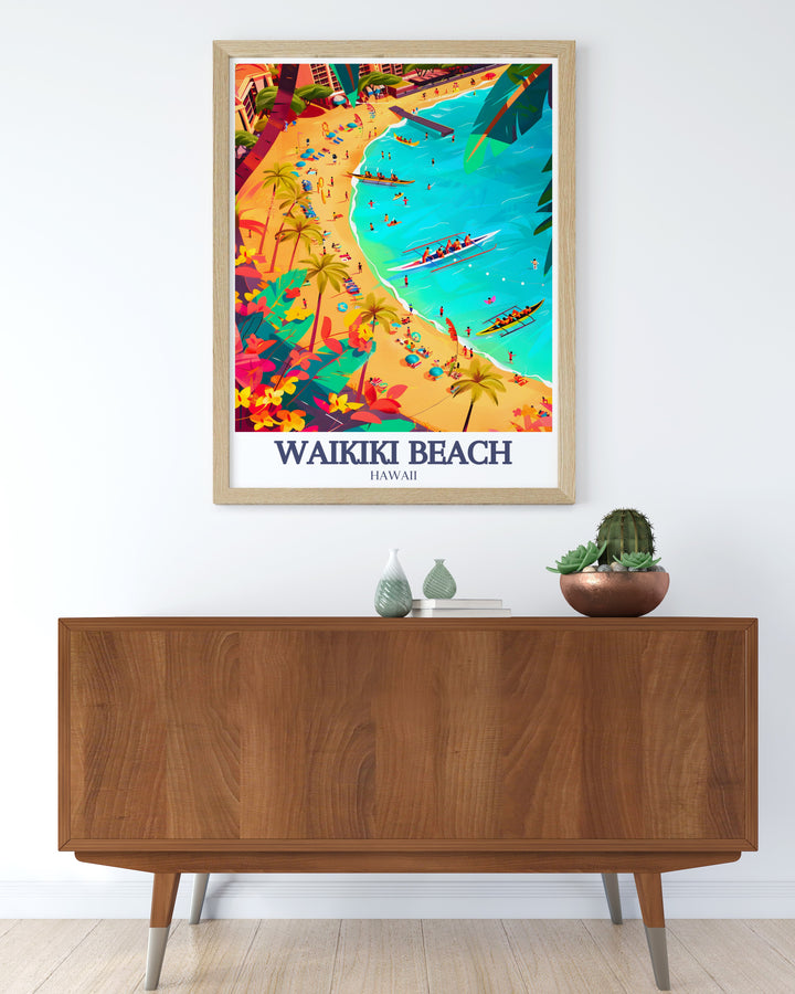 This Waikiki Beach Poster Print beautifully captures the serene, golden sands and the deep blue waters of Hawaiis iconic beach. The print is perfect for adding a tropical touch to your decor, bringing the relaxing atmosphere of Waikiki Beach into your home or office with vibrant colors and detailed imagery.