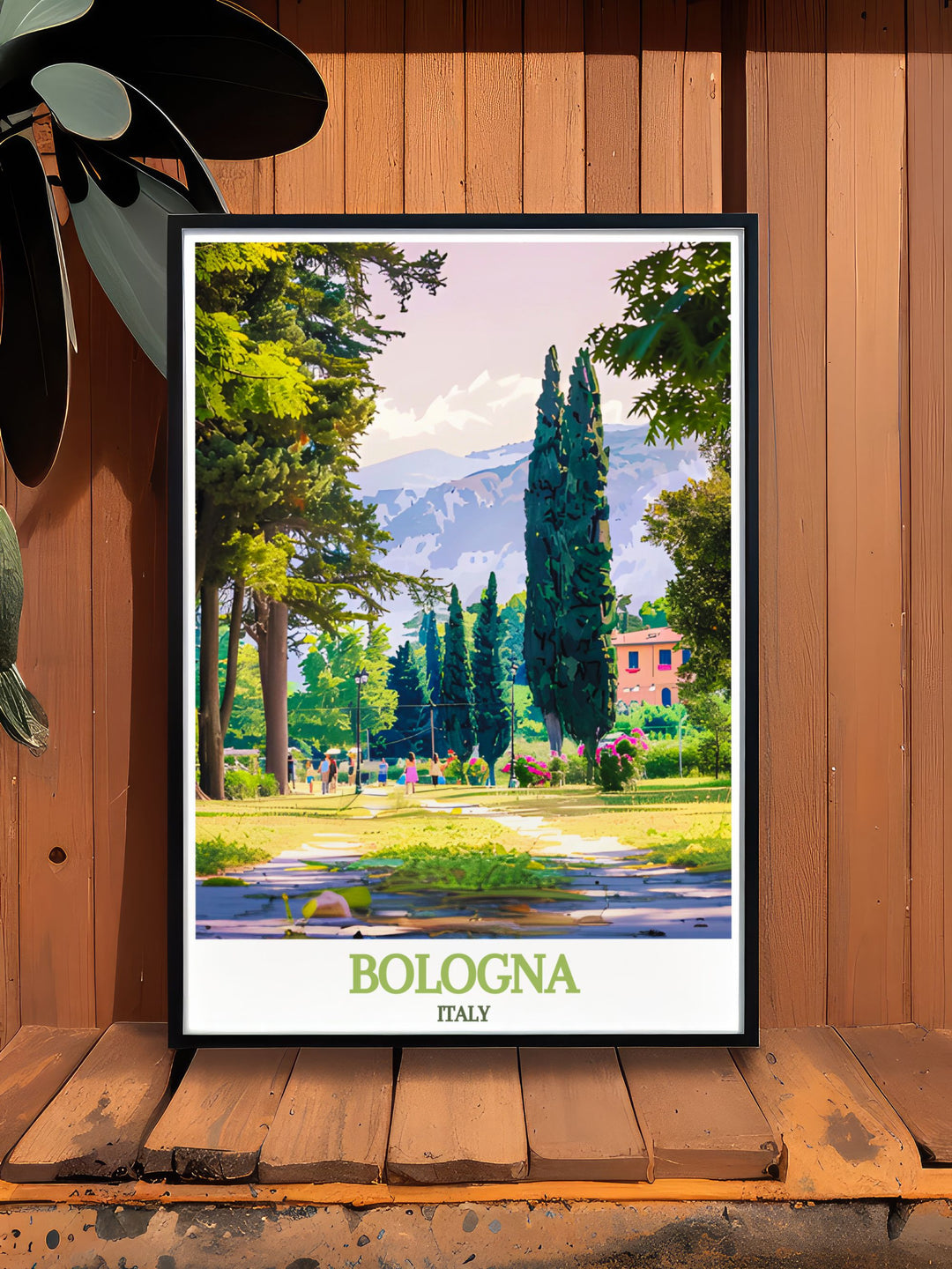 Stunning Bologna art print highlighting the medieval towers and lush greenery of Giardini Margherita, ideal for history buffs and nature enthusiasts.