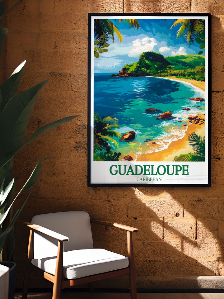 Celebrating the cultural richness of Guadeloupe, this poster features landmarks and sites that reflect the islands diverse history. Ideal for history lovers, this artwork brings a piece of the Caribbeans heritage into your home decor.