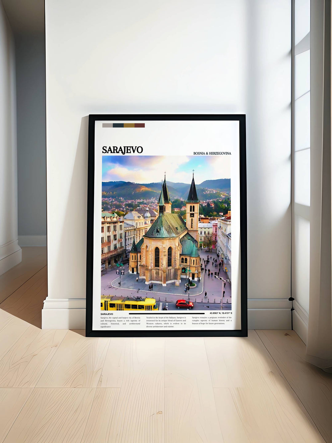 A vibrant Sarajevo art print showcasing the citys iconic landmarks and cultural heritage. Perfect for housewarming gifts, this Sarajevo poster adds a touch of elegance to any home decor and serves as a beautiful reminder of Bosnia Herzegovinas rich history.