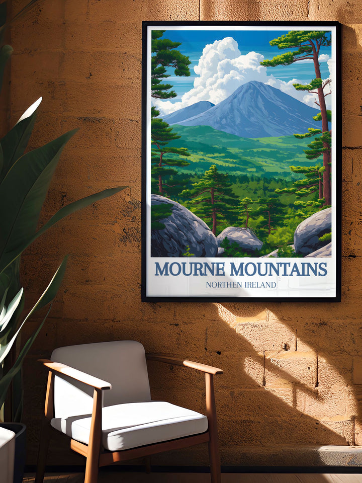 This travel poster beautifully depicts the dynamic landscapes and cultural heritage of the Mourne Mountains, ideal for adding a touch of scenic beauty and history to any room.