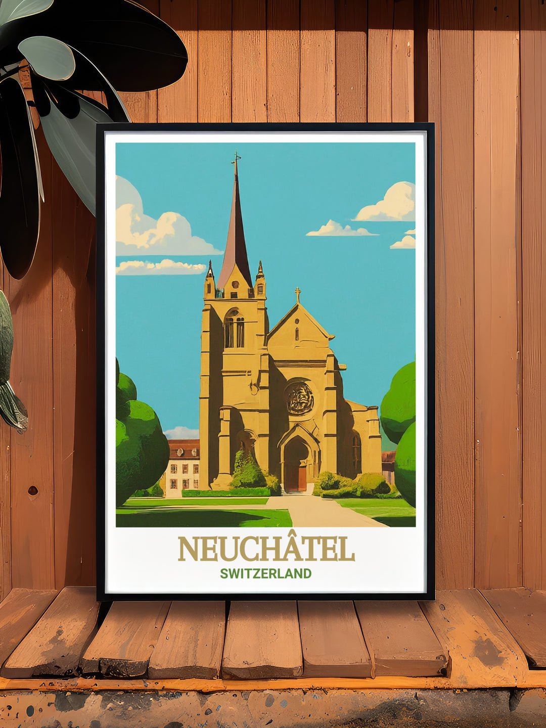 Enhance your living space with this beautiful France travel poster featuring La Collegiale Church and Lake Neuchatel. This modern decor piece brings the peaceful scenery of France into your home with its balanced design and elegant aesthetic.