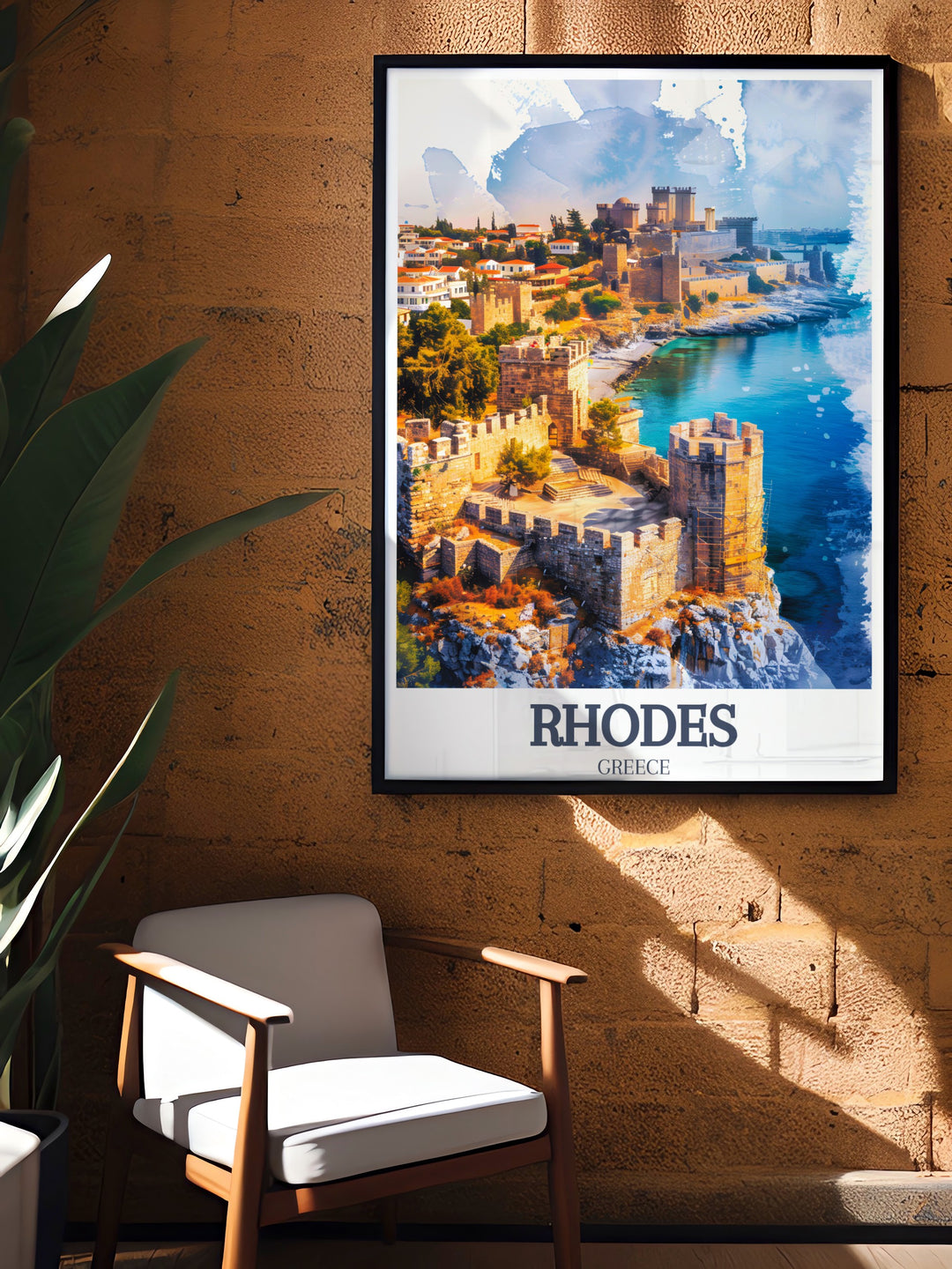 Rhodes Wall Poster featuring the Palace of the Grand Master and the Old Town of Rhodes. This travel print adds a touch of ancient Greece to your home decor, making it ideal for history lovers and travelers alike.