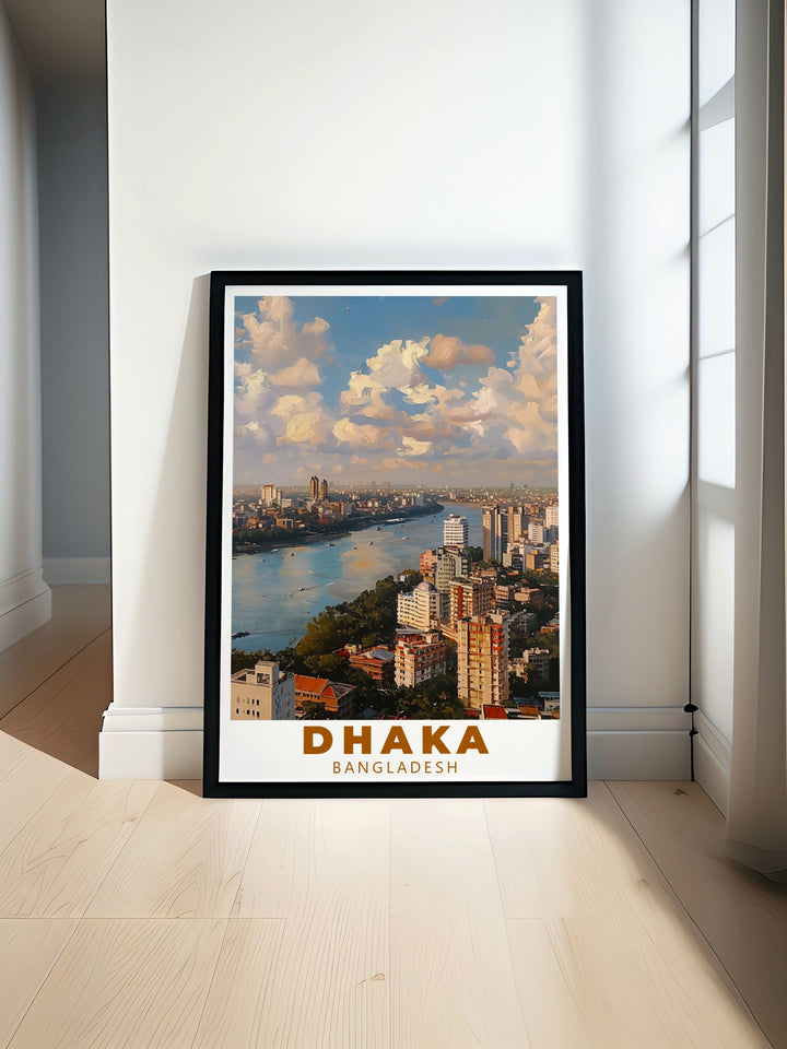 A beautifully detailed Dhaka Travel Poster capturing the vibrant streets and iconic landmarks of Bangladeshs capital. This Dhaka Print is perfect for home decor and as a thoughtful gift for anniversaries birthdays or Christmas.