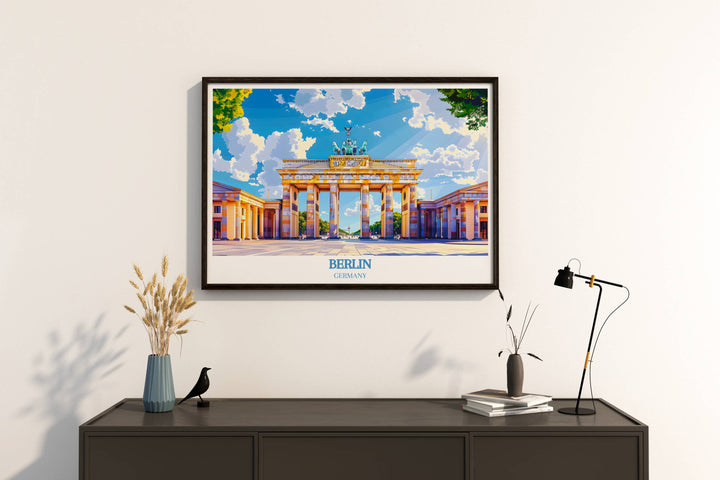 Artistic print of the Brandenburg Gate with detailed architectural features in Berlin Germany ideal for collectors of historical landmarks.