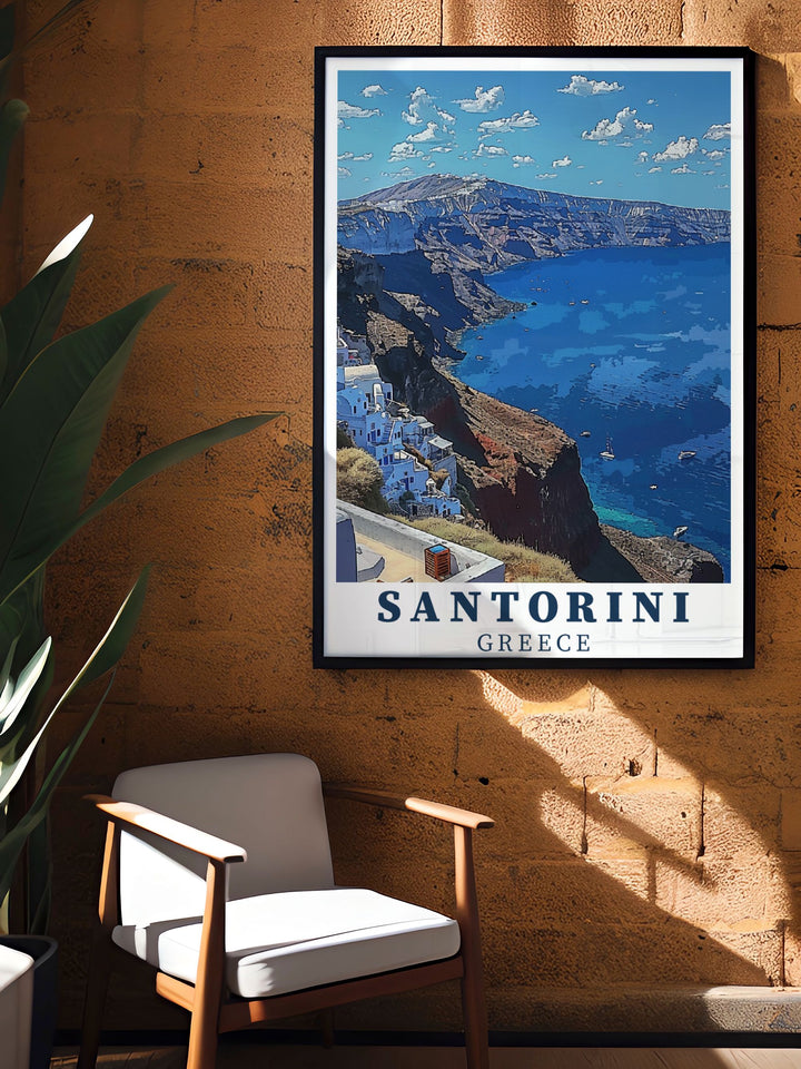 A detailed art print of Santorinis Caldera, showcasing its stunning cliffs, whitewashed buildings, and azure waters of the Aegean Sea. Perfect for enhancing your Mediterranean home decor.