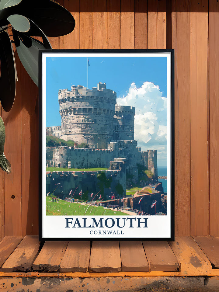Pendennis Castle vintage print displaying the majestic fortress in Falmouth, Cornwall. This wall art piece is ideal for those who appreciate history and beauty, making it a unique addition to any home decor.