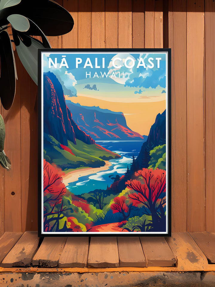 Bring the beauty of Hawaii into your home with stunning posters of Na Pali Coast. These art pieces offer a glimpse into one of Hawaiis most breathtaking natural wonders.