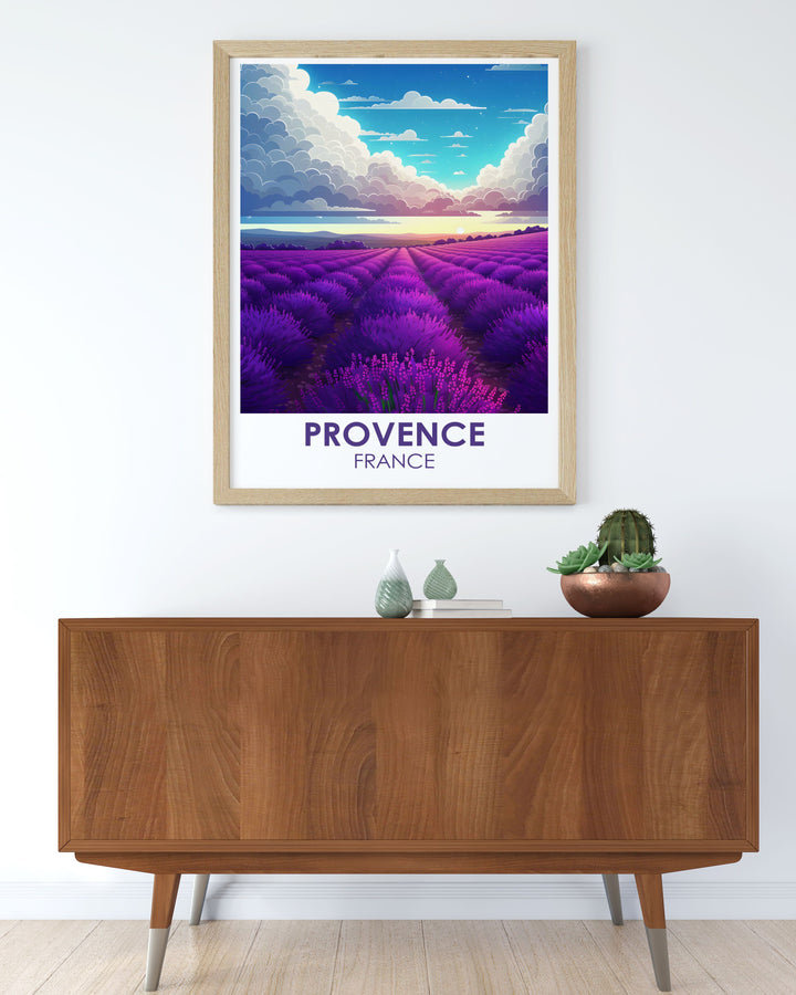 Immerse yourself in the soothing ambiance of the Lavender Fields of Valensole with this travel poster, featuring the endless purple blooms and the traditional Provencal backdrop.