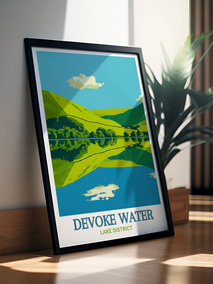 This vintage travel print features the Lake Districts Devoke Water, capturing its timeless beauty with a retro twist. Ideal for adding a classic travel vibe to your decor, this piece is a tribute to Cumbrias natural wonders.