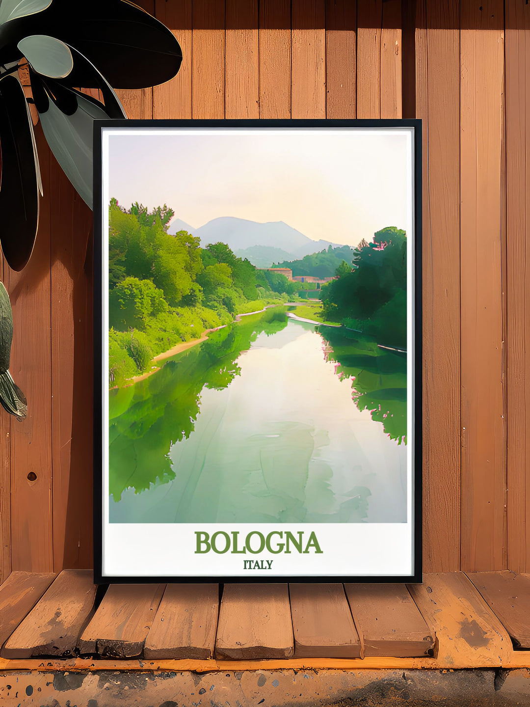 High quality print of Bolognas medieval architecture and the peaceful Reno River, capturing the essence of this unique Italian region. Ideal for art lovers who appreciate both history and nature.