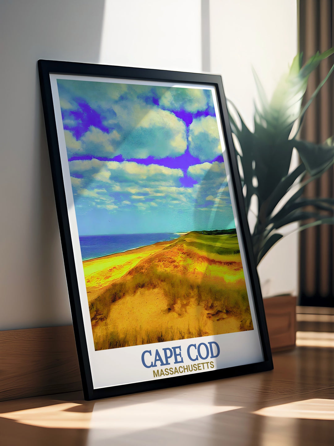 The Massachusetts coastline comes to life in this Cape Cod National Seashore travel poster. Perfect for beach lovers, this colorful print brings a touch of the Cape to any room.