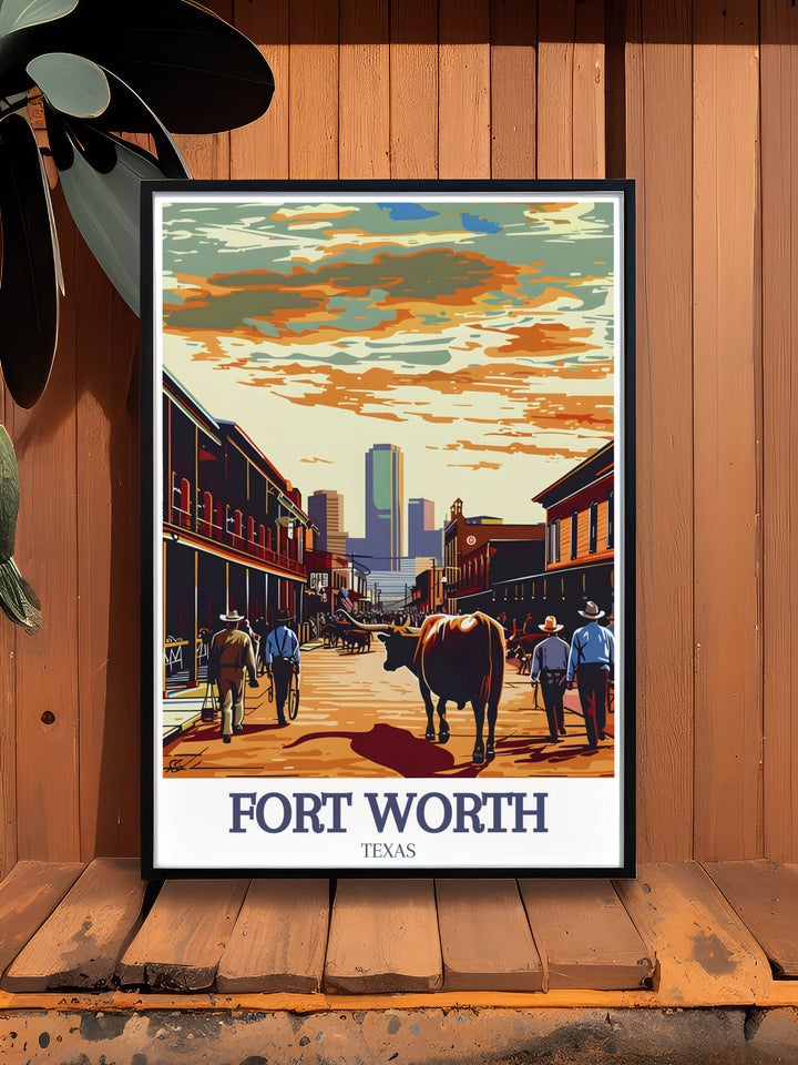 Bring the Fort Worth Stockyards to your living space with this wall poster, highlighting Exchange Street and its historic buildings. A beautiful reminder of Fort Worths past, this print adds a unique touch to any room.