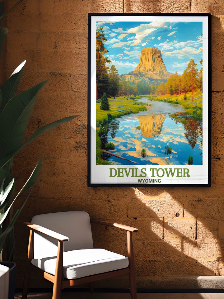 Wyoming Devils Tower print with Belle Fourche River stunningly displayed in modern home decor. The breathtaking combination of the tower and river adds an artistic touch to any room while celebrating one of the most iconic natural wonders in the United States.