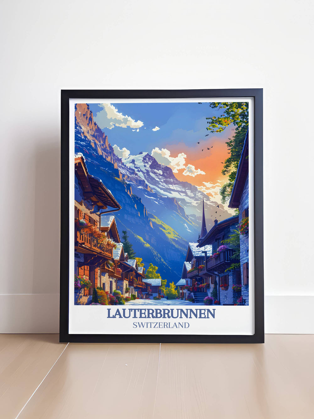 Colorful Lauterbrunnen and Murren poster highlighting the fine line artistry and elegance of these charming Swiss villages ideal for modern wall art