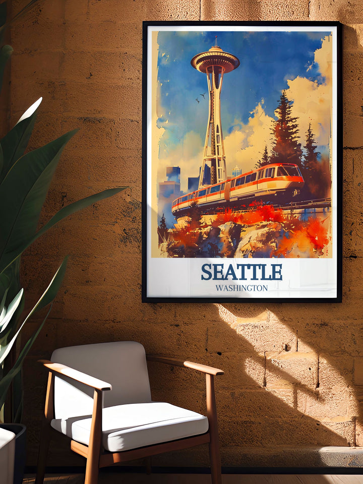 The Summit at Snoqualmie and the Space Needle are prominently featured in this poster, capturing their iconic presence and historical significance, making it a great ski resort gift print.