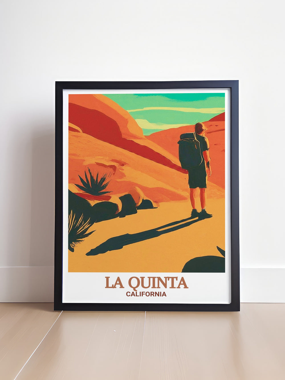 La Quinta wall art highlighting the Cove Oasis Trailhead. This travel print captures the essence of Californias desert beauty, showcasing its rugged landscapes and peaceful atmosphere. Perfect for anyone looking to bring a piece of nature into their home decor.