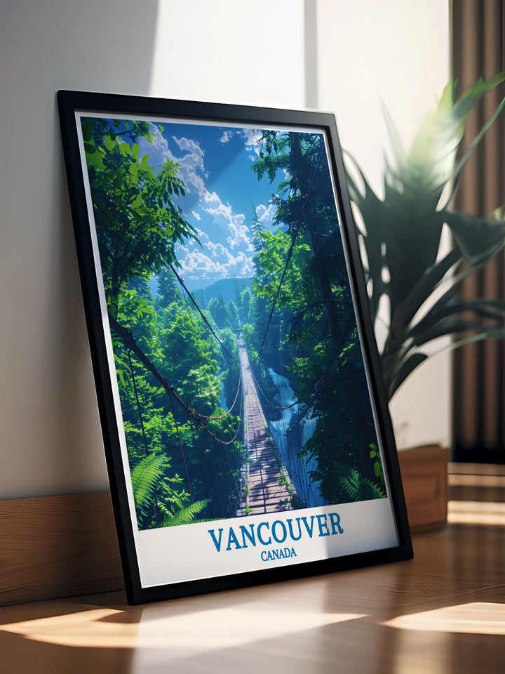 Experience the blend of history and innovation with this travel print of the Capilano Suspension Bridge. The artwork highlights the bridges majestic span and lush surroundings, making it a captivating addition to your collection of adventure art.