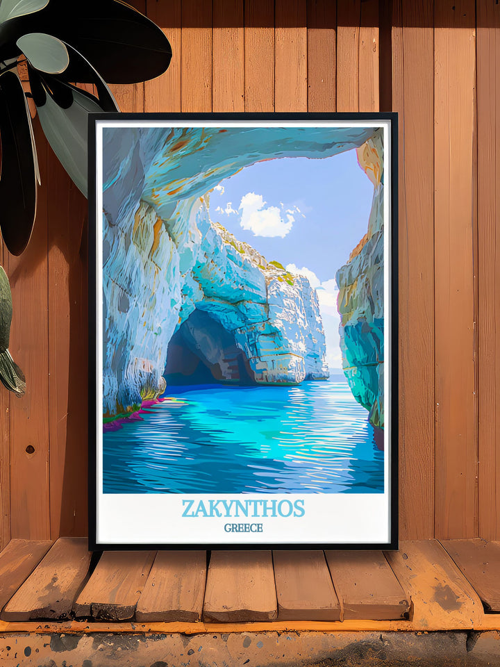 Blue Caves Travel Poster offering a glimpse into the iconic attraction of Zakynthos with its ethereal beauty and stunning blue waters ideal for those who love to decorate with travel inspired art pieces