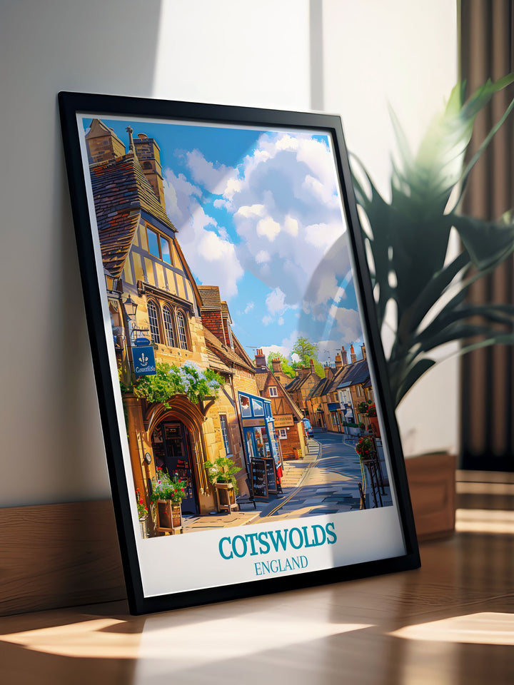 This travel print of Chipping Campden highlights the beauty of the Cotswolds countryside, featuring its historic Market Hall and tranquil streets, ideal for creating a serene and inviting atmosphere.