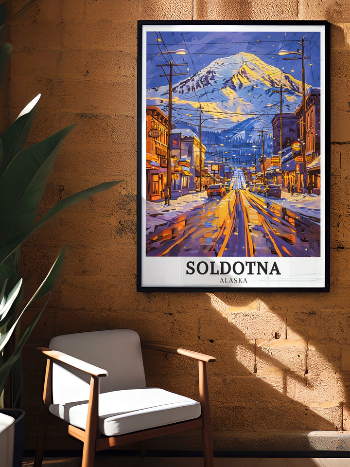 Elegant Mt. Redoubt artwork highlighting the dramatic volcano and the cozy town of Soldotna. The detailed print brings the rugged beauty of Alaska into your living space, ideal for nature lovers