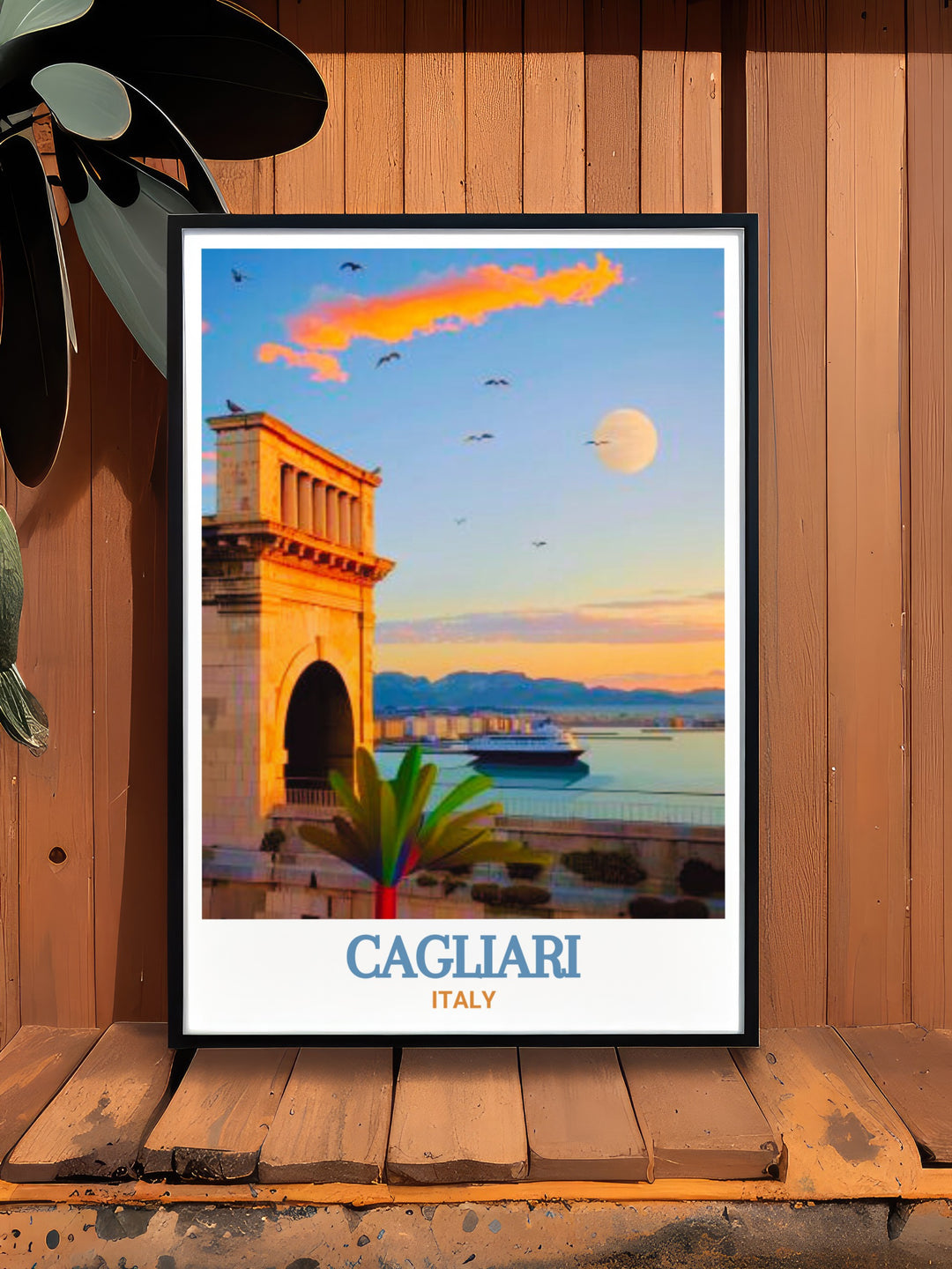 Cagliari Travel Poster offers a vibrant depiction of Italys Bastione di Saint Remy, with the Mediterranean Sea serving as a stunning backdrop. This travel poster is a must have for anyone who appreciates Italian architecture and art.