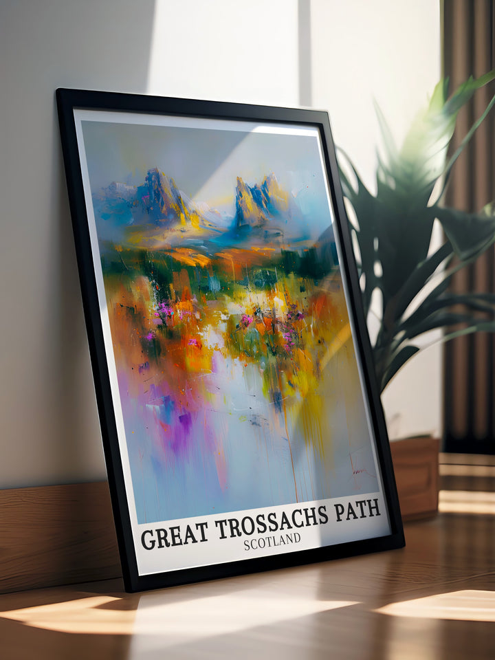 Great Trossachs Path travel posters. Featuring stunning views of the Great Trossachs Path, Trossachs mountains, and Trossachs National Park, these travel posters bring the beauty of Scotlands hiking trails into your home. Perfect for nature enthusiasts and art lovers.