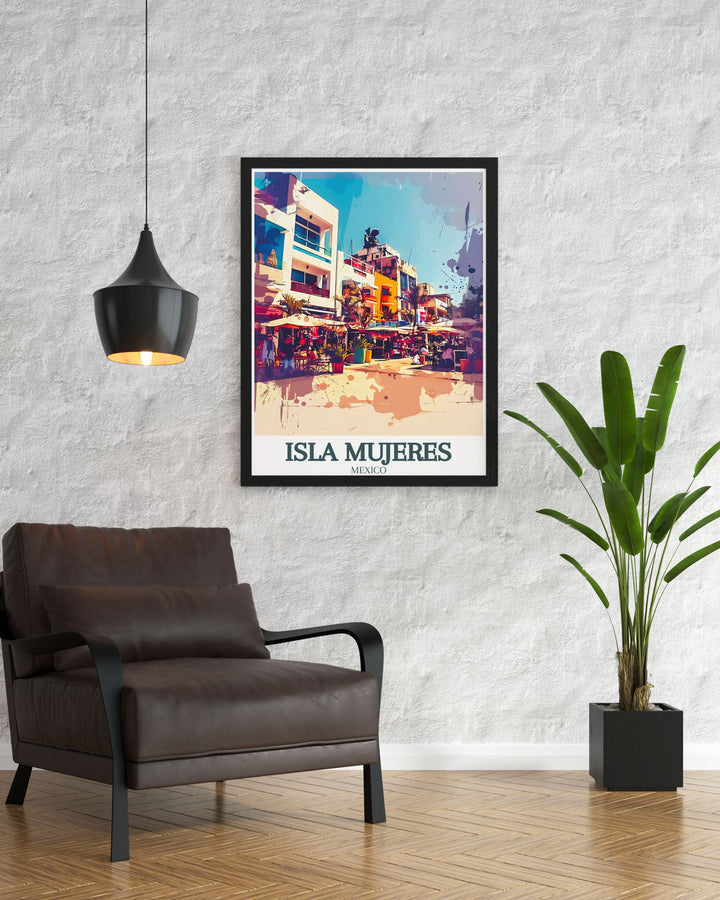 Isla Mujeres poster in black and white capturing the intricate details of Centro, Avenida Miguel Hidalgo modern and elegant artwork suitable for any room in your home.