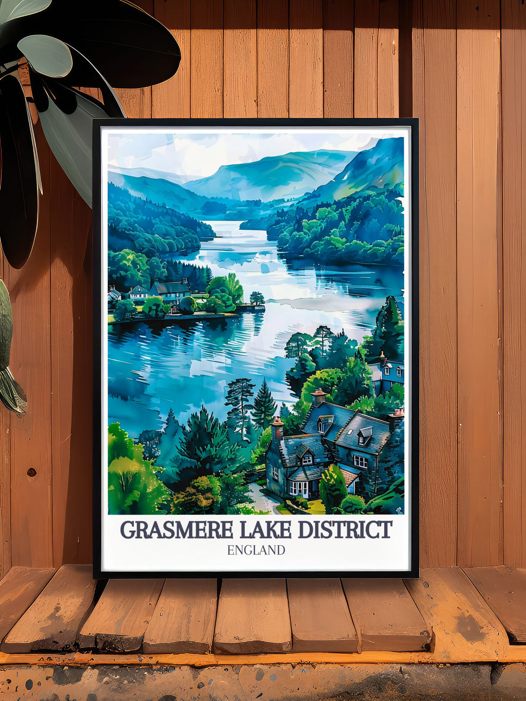 Showcasing Grasmere Lakes tranquil environment and the historic village, this travel poster offers a scenic representation of the Lake District, England, adding a touch of serenity to your home.