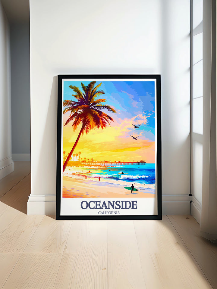 Art print featuring Oceanside Beach and Oceanside Pier with vibrant colors and intricate details perfect for home decor and travel enthusiasts who appreciate the beauty of Californias coastal landscapes