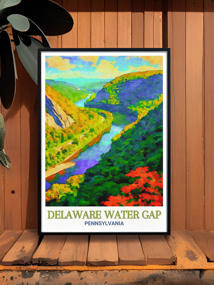 The Delaware Water Gap is illustrated in this travel print, showcasing its dramatic cliffs and peaceful river views. This piece is a beautiful addition for those who appreciate Pennsylvanias outdoor splendor.